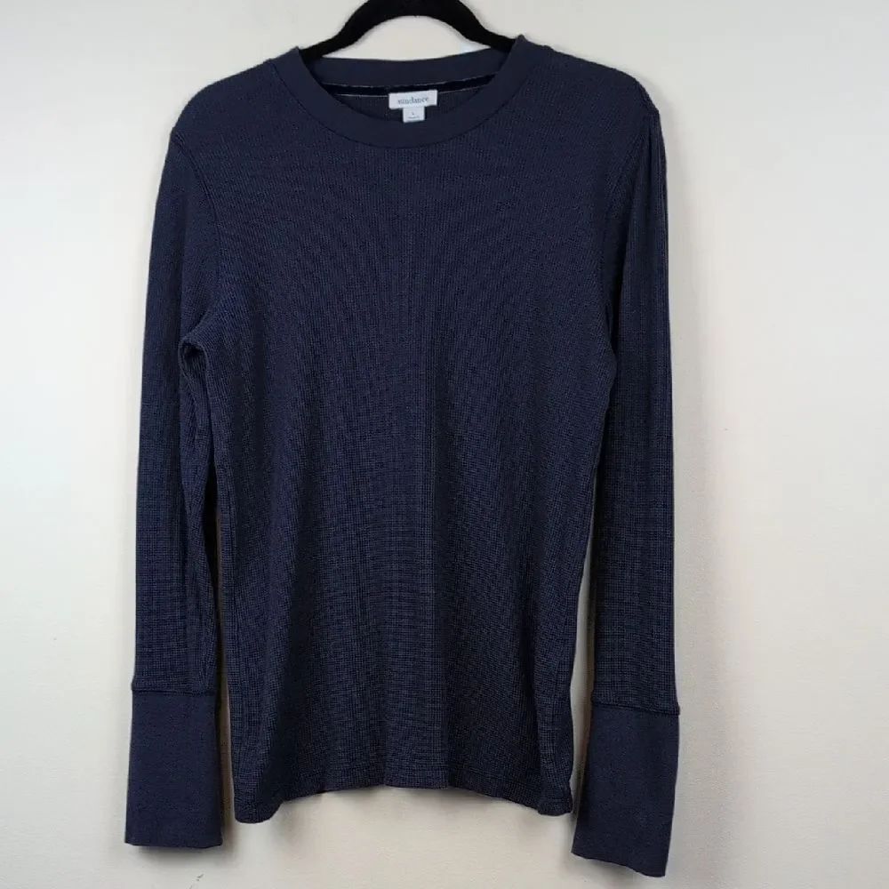 Sundance Navy Waffle Knit Long Sleeve Thermal Top Velvet Trim Size L